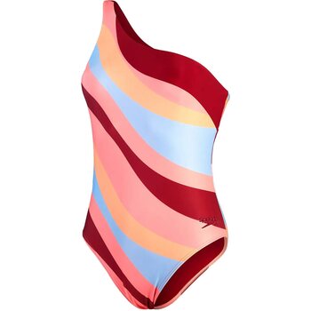 Speedo Printed Asymetric 1 Piece Womens, Oxblood / Soft Coral / Blue Tack / Nectarine, 34 (EUR 38)